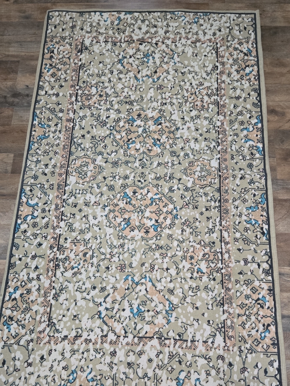 Beige Patterned Area Rug with Blue & Tan Accents